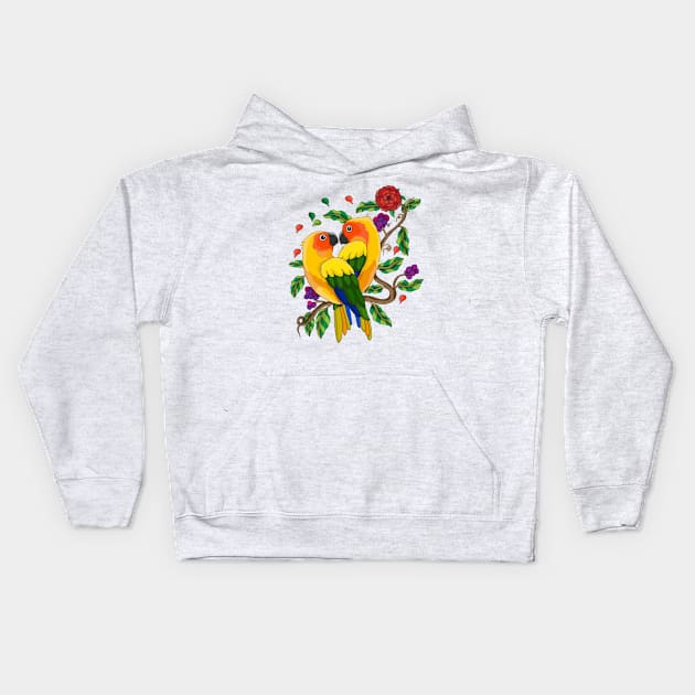 Perched parrot valentine hand drawn Kids Hoodie by Mako Design 